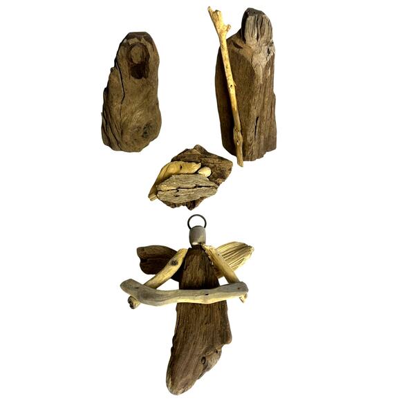 Handcrafted Art Design Driftwood Holy Family Angel 5PC Nativity Manger-Rare Find - Picture 7 of 14